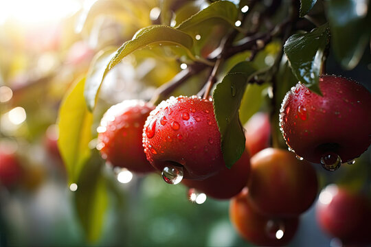 Red Java apple hanging at branches still wet with morning dew