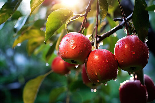 Red Java apple hanging at branches still wet with morning dew