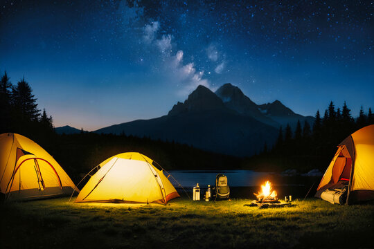 Summer camping in the mountains. Tents in the night with the starry sky and clouds in the background.
