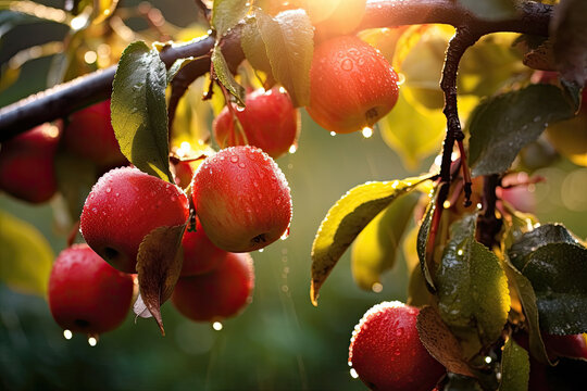 Red Java apple hanging at green branches still wet with morning dew, field nature scene.