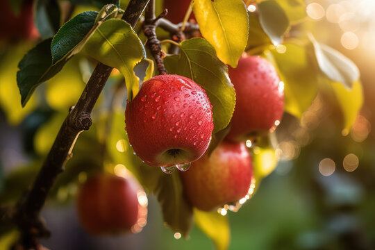 Red Java apple hanging at branches still fresh wet with morning dew