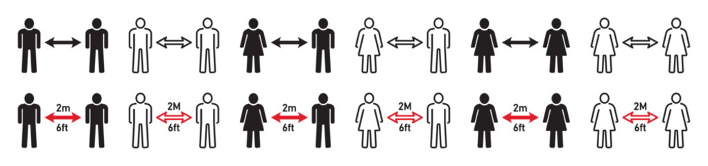 Set of social distancing 2 meter or 6 feet signs. Two people keeping a 2 meter or 6 feet distance, arrow between the two people, pandemic, coronavirus covid-19. Vector.