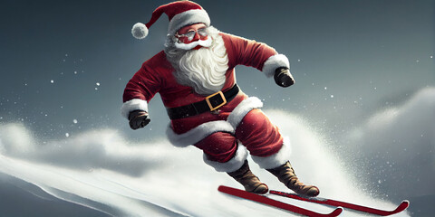 Santa Claus quickly races on skis down a snow-covered ski slope, close-up. Generative AI