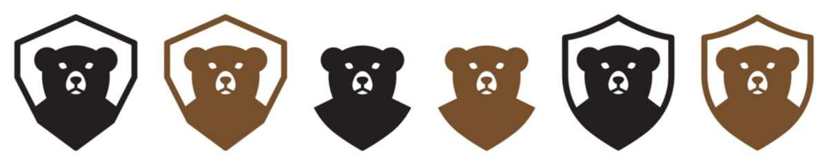 Set of bear shield icons. Shield bear logo, shield symbol and bear silhouette. Vector.