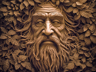magical living huge tree with the face of an elderly person or a gnome, close-up Generative AI