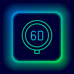 Glowing neon line Speed limit traffic sign 60 km icon isolated on black background. Colorful outline concept. Vector - obrazy, fototapety, plakaty