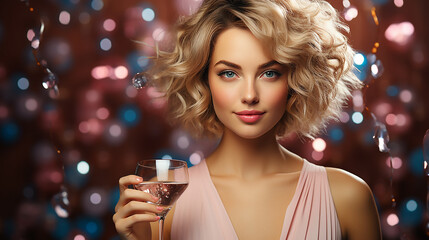 Plakat girl with wavy hair holding glass with champagne and confetti on pink backdrop 
