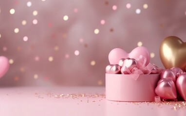 Fototapeta na wymiar Happy Valentines Day banner. Pink and gold hearts foil balloons with gifts on pink bokeh. Valentine's Day background. Romantic banner Background, empty space for text, AI Generative