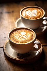 Two coffee beverages on a wooden table with elaborate foam art in shape of a flower 