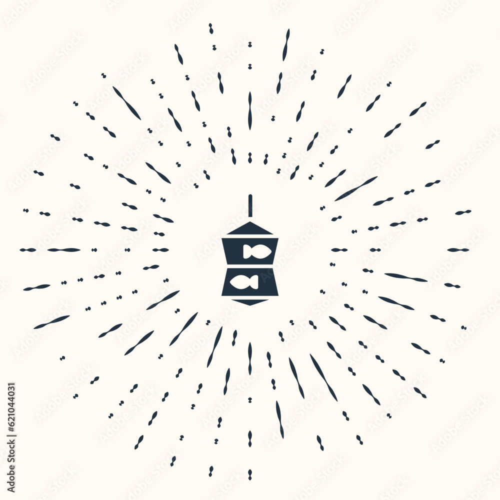 Poster grey fishing net with fish icon isolated on beige background. abstract circle random dots. vector