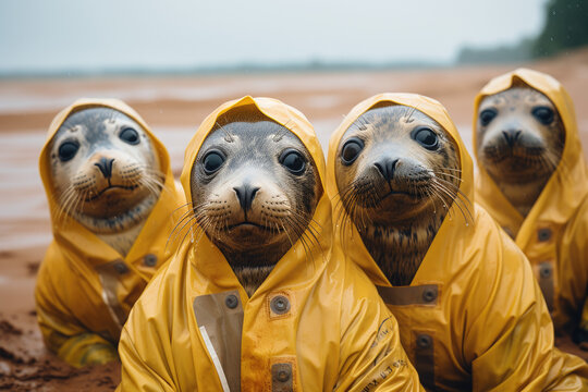 A group of seals from the North Sea wearing traditional Frisian yellow raincoats