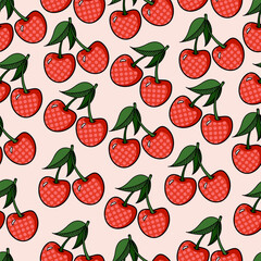 Seamless pattern with Red Cherry on a pink background. Sweet cherries. Sammer fruit. Cute cartoon cherries on a pink background