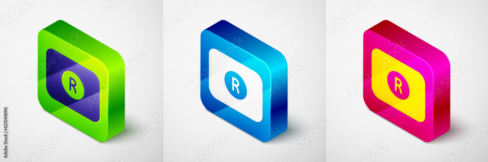 Poster Isometric Record button icon isolated on grey background. Rec button. Square button. Vector
