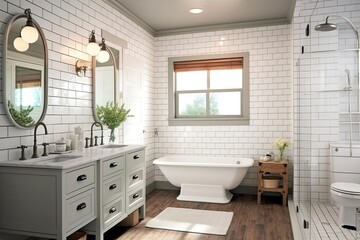 Fototapeta na wymiar A modern farmhouse-style bathroom including a white subway tile shower, a white vanity, and a marble countertop.