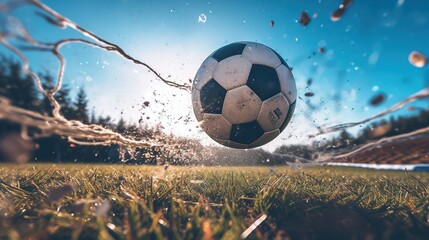 Soccer ball in goal in a socer field.
