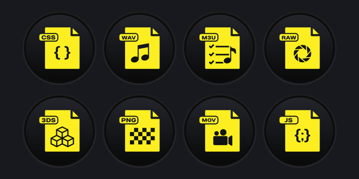 Set 3DS file document, RAW, PNG, MOV, M3U, WAV, JS and CSS icon. Vector