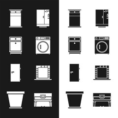 Set Washer, Furniture nightstand, Big bed, Shower cabin, Closed door, Makeup mirror with lights, Grand piano and Flower pot icon. Vector