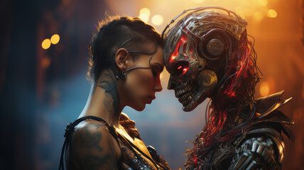 cyborg skeleton hugs a girl.
