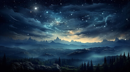 Fototapeta na wymiar Magical starry night sky with twinkling stars and a full moon, Digital background Generative AI