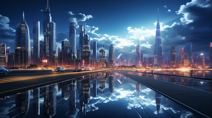 Futuristic cityscape with towering skyscrapers and neon lights, Digital background Generative AI