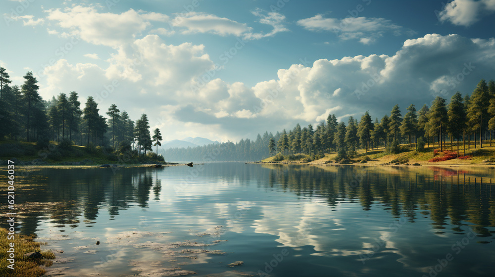 Poster tranquil lakeside view with calm waters and a serene reflection, digital background generative ai