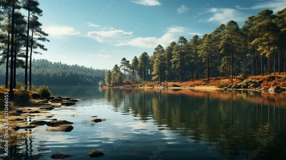 Poster tranquil lakeside view with calm waters and a serene reflection, digital background generative ai