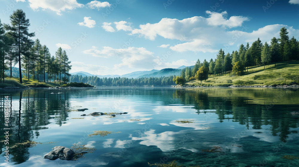 Poster tranquil lakeside view with calm waters and a serene reflection, digital background generative ai