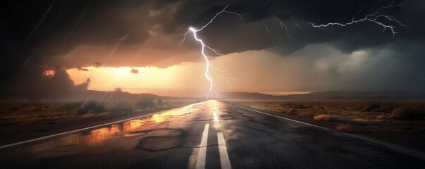 storm clouds over the road with lightning,CGI Image of Lightning Striking the Middle of an Asphalt Street Amidst Stormy Weather, Intense and Dynamic Landscape - obrazy, fototapety, plakaty