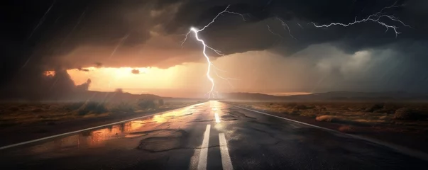 Zelfklevend Fotobehang storm clouds over the road with lightning,CGI Image of Lightning Striking the Middle of an Asphalt Street Amidst Stormy Weather, Intense and Dynamic Landscape © Ben