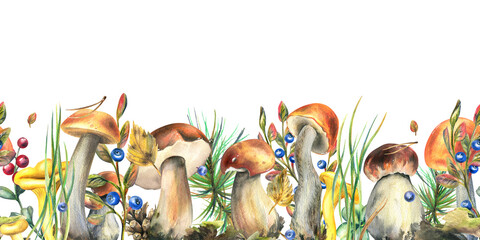 Forest mushrooms, boletus, chanterelles and blueberries, lingonberries, twigs, cones, leaves. Watercolor illustration, hand drawn seamless border on a white background
