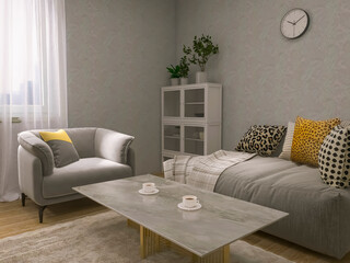 Living room design 3d render, 3d illustration