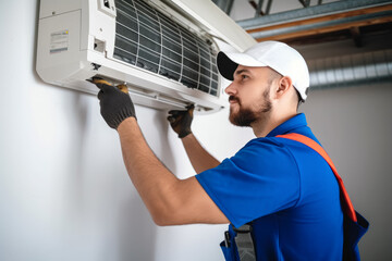 Technician working on air conditioning indoor unit. Man HVAC worker professional occupation. Generative AI