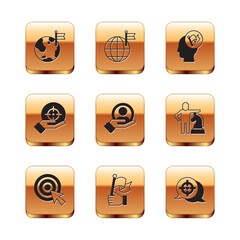 Set Planet with flag, Target arrow, Hand holding, for search people, and icon. Vector