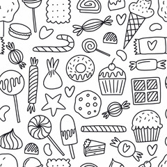 Horizontal pattern from a collection of candies and various sweets, hand-drawn in the style of doodles