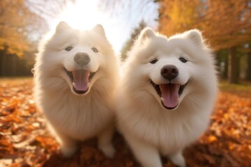 Portrait of two happy cute white Samoyed dogs on the walking.