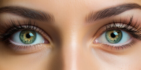 Obraz premium Young beautiful woman with green eyes, closeup detail to her face, both iris visible. Generative AI
