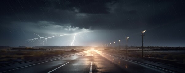 storm clouds over the road with lightning,CGI Image of Lightning Striking the Middle of an Asphalt Street Amidst Stormy Weather, Intense and Dynamic Landscape