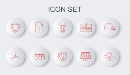 Set line Electric saving plug in leaf, Wind turbine, Light bulb, Solar energy panel, Sun, car charging station, and battery and icon. Vector