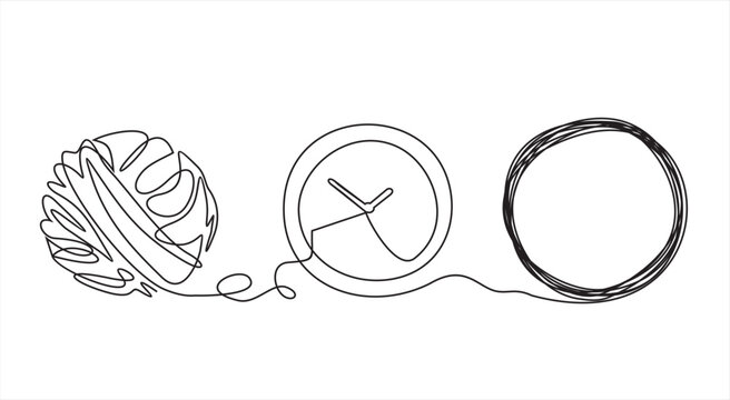 Chaos and clock abstract minimalist concept vector illustration. Metaphor of disorganized difficult problem, mess with black single continuous tangle thread in need of unraveling isolated on white