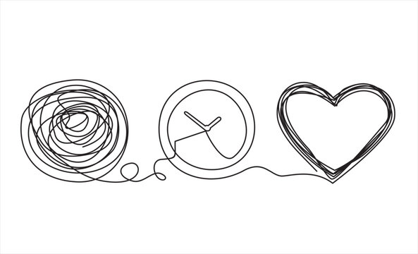 Chaos And Heart Abstract Minimalist Concept Vector Illustration. Metaphor Of Disorganized Difficult Problem, Mess With Black Single Continuous Tangle Thread In Need Of Unraveling Isolated On White