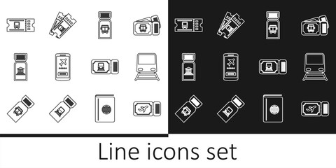 Set line Airline ticket, Train, Bus, Mobile with, Museum, and icon. Vector