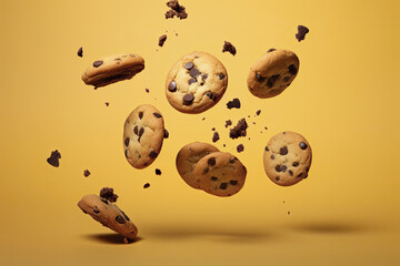 Delicious cookies with chocolate chip falling on yellow background