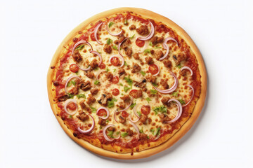 delicious pizza with cheese, tomato and onion isolated on white background. Top view