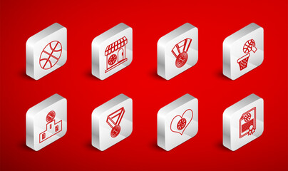 Set line Certificate basketball award, Sports shop and, Basketball medal, Heart with, and winner podium icon. Vector