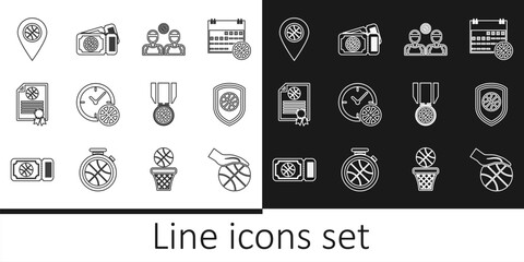 Set line Hand with basketball ball, Shield in the, Basketball players, Clock, Certificate award, Location, medal and game ticket icon. Vector