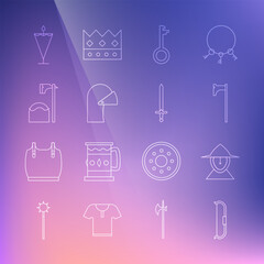 Set line Medieval bow, iron helmet, axe, Old key, Executioner in tree block, flag and sword icon. Vector