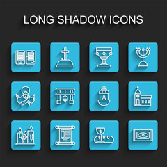 Set line Burning candles, Decree, paper, parchment, scroll, The commandments, First communion symbols, Traditional carpet, Japan Gate, Church building and Ramadan Kareem lantern icon. Vector