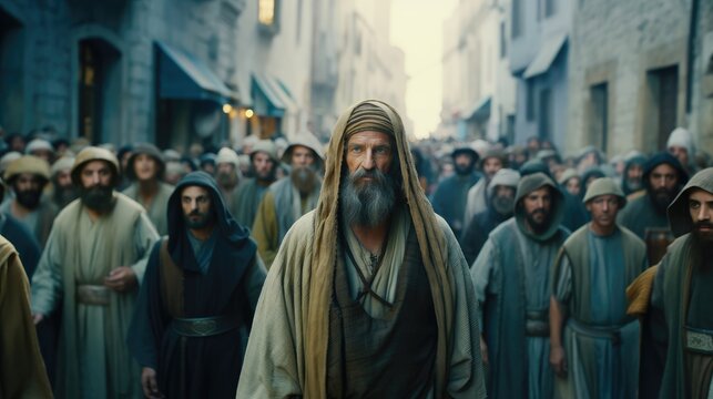 Jewish men in the street. Old testament. Biblical Scene