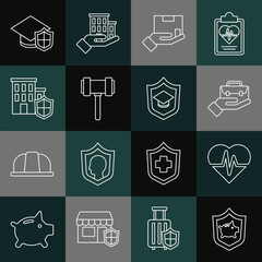 Set line Piggy bank with shield, Health insurance, Hand holding briefcase, Delivery, Judge gavel, House, Graduation cap and icon. Vector