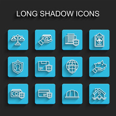 Set line Money with shield, Credit card, Scales of justice, Worker safety helmet, House flood, Delivery security, Piggy bank and Shield world globe icon. Vector